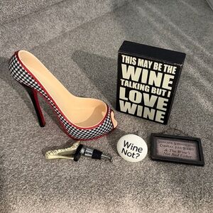 Red Bottom High Heel Wine Holder with 2 Wine Signs, corks, & napkins